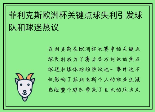 菲利克斯欧洲杯关键点球失利引发球队和球迷热议